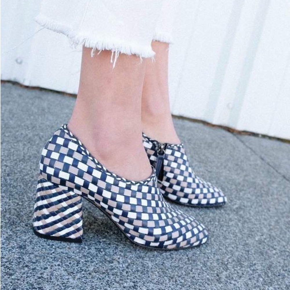 Freda Salvador Navy and White Checkered Block Heel Booties